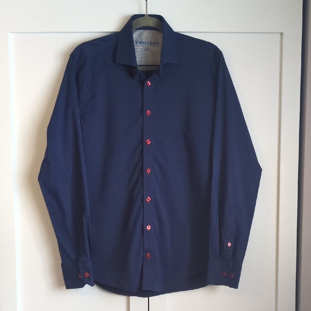 Twillory Navy Performance Dress Shirt 15.5 34/35 Tailored Fit Red Buttons